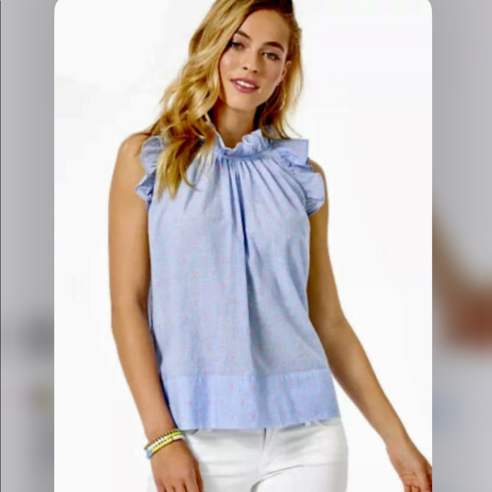 BNWT Lilly Pulitzer Kirsten Top. bluebell chambray/neon pink clip dot. Sz XL - Picture 5 of 5